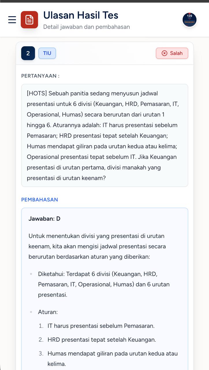 Halaman ulasan hasil tes: jawaban salah disandingkan dengan jawaban benar.