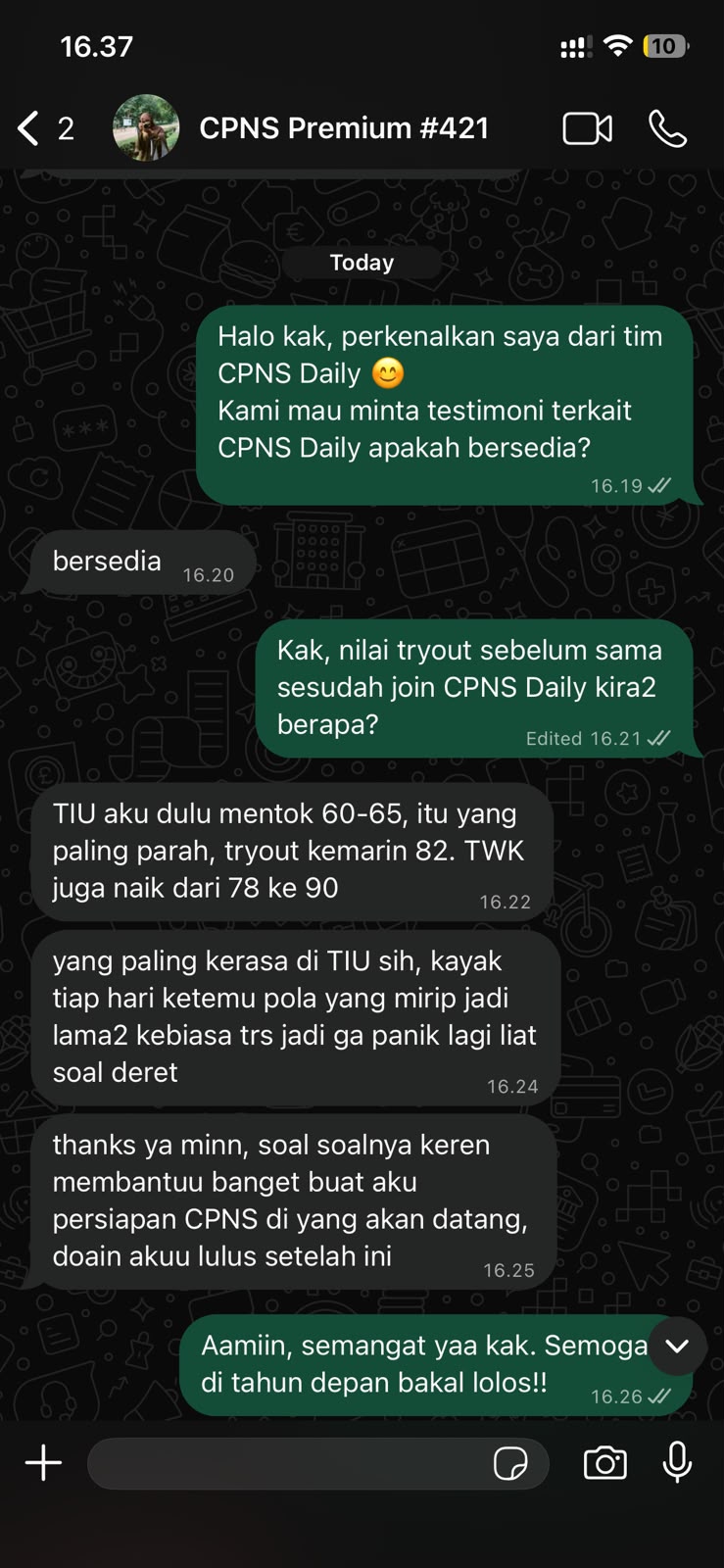 Chat WhatsApp member: TIU 65 → 82 dalam 6 minggu